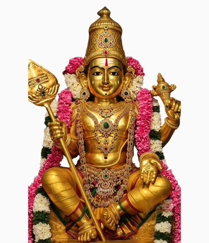 Golden idol of Lord Murugan holding vel, adorned with jewels and garland