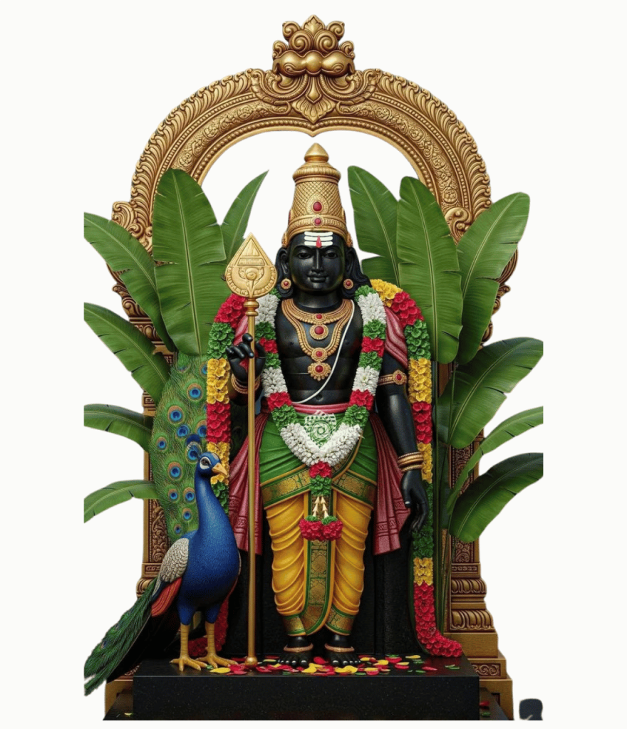Lord Murugan Hindu God standing statue with peacock, golden crown, garlands and ornate temple arch