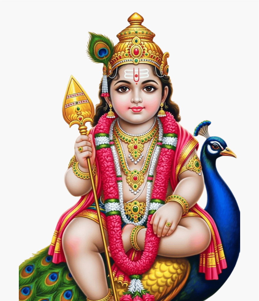 Lord Murugan Kartikeya Hindu God seated on peacock with golden crown and divine ornaments