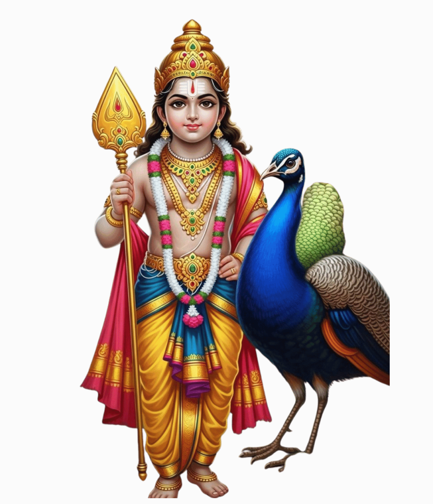 Lord Murugan Kartikeya standing with Vel and peacock, adorned with crown, ornaments, and garlands