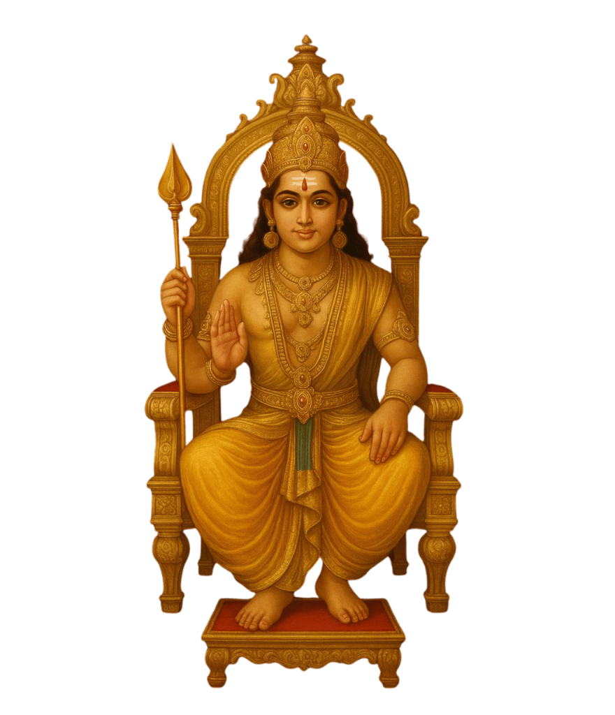 Lord Murugan seated on golden throne holding vel with divine blessings