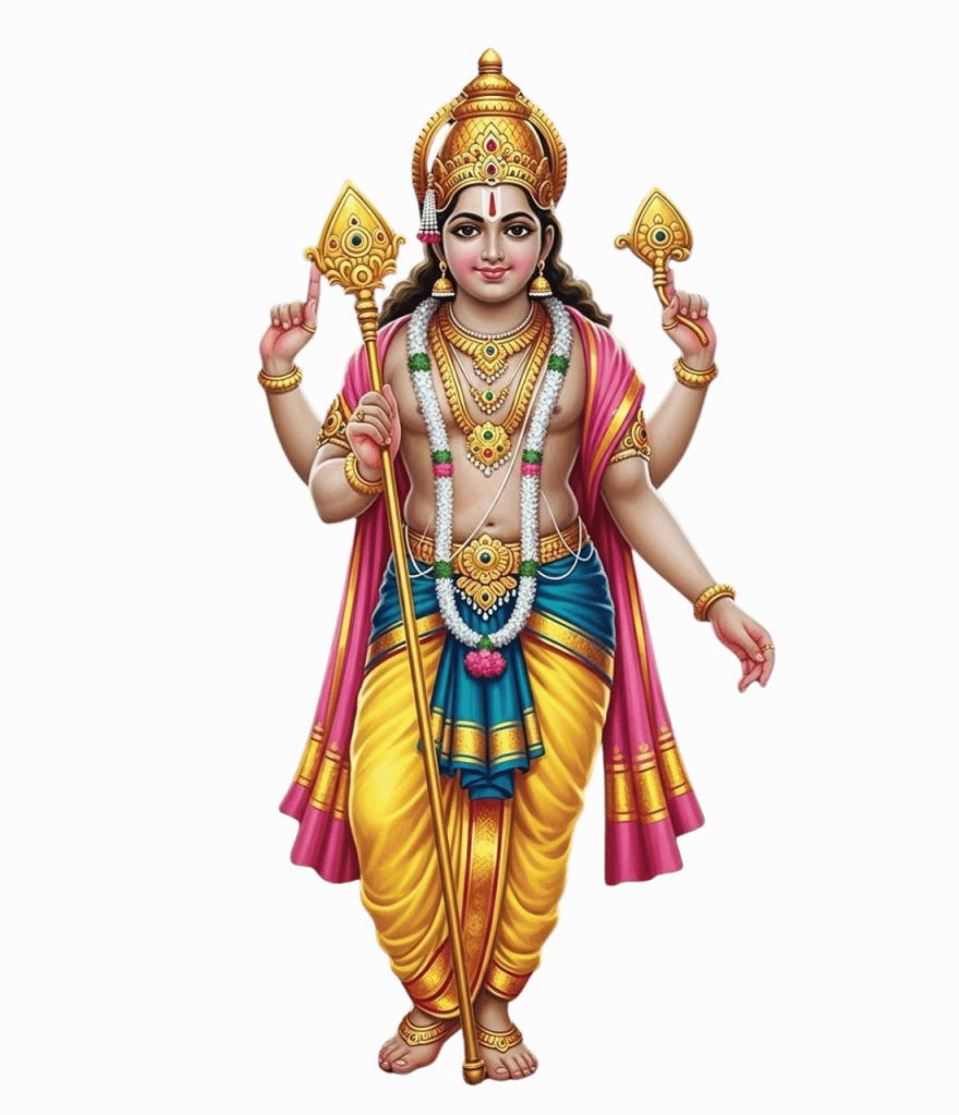 Lord Murugan with four arms holding vel, adorned with crown and garland