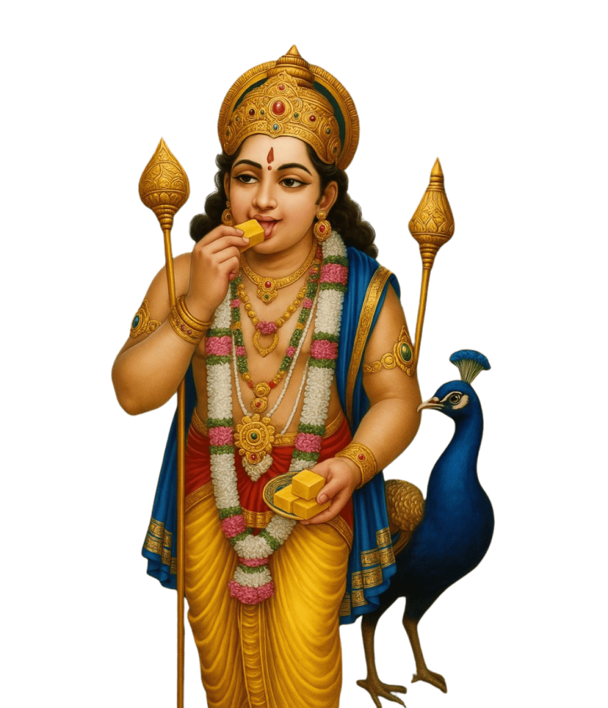 Transparent PNG of Lord Murugan holding laddu with peacock by his side