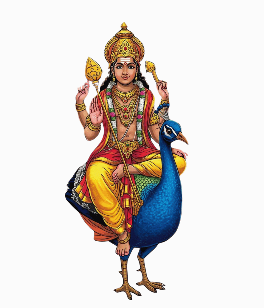 Transparent PNG image of Lord Murugan sitting on peacock holding vel