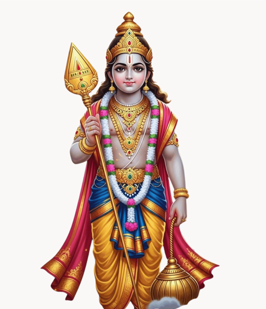 Lord Murugan holding vel and kamandalu, adorned with ornaments and garland