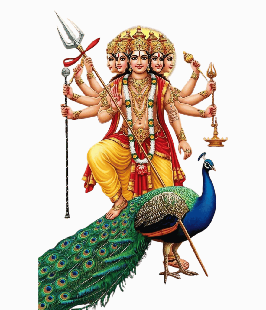 Lord Murugan Arumugam six-faced deity seated on peacock holding divine weapons and ornaments