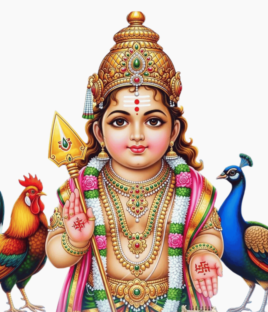 Divine Lord Murugan with Vel, Peacock and Rooster in Hindu Religious Art
