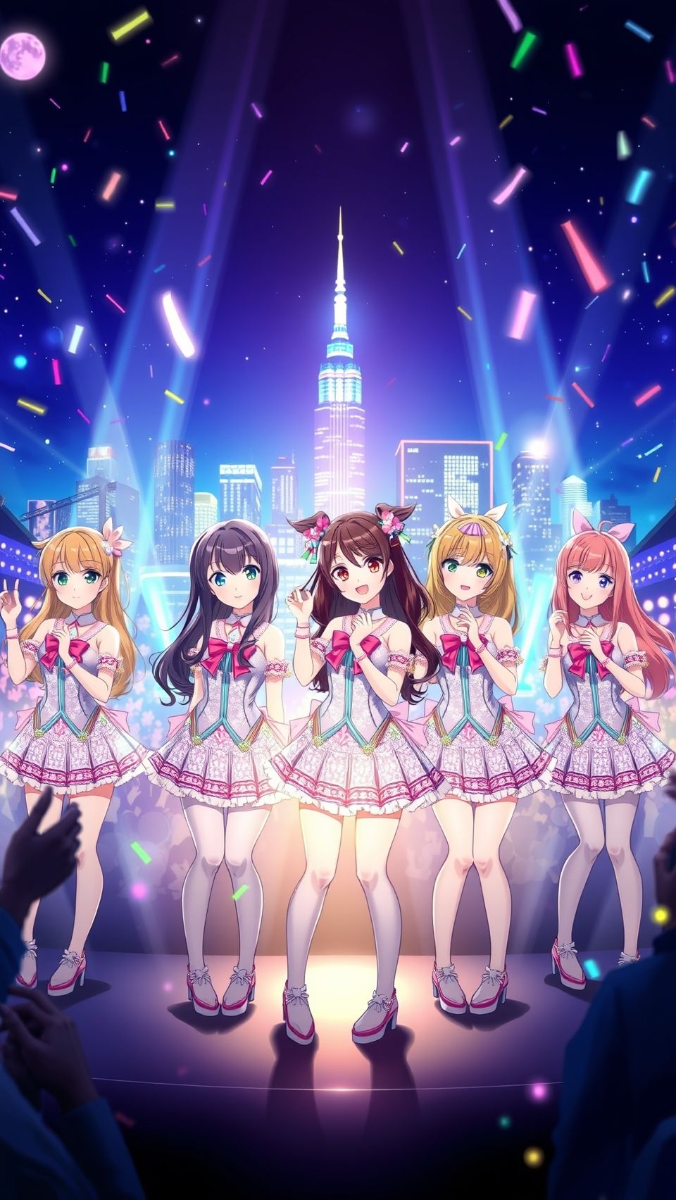 Love Live school idol anime girls performing on stage under city lights