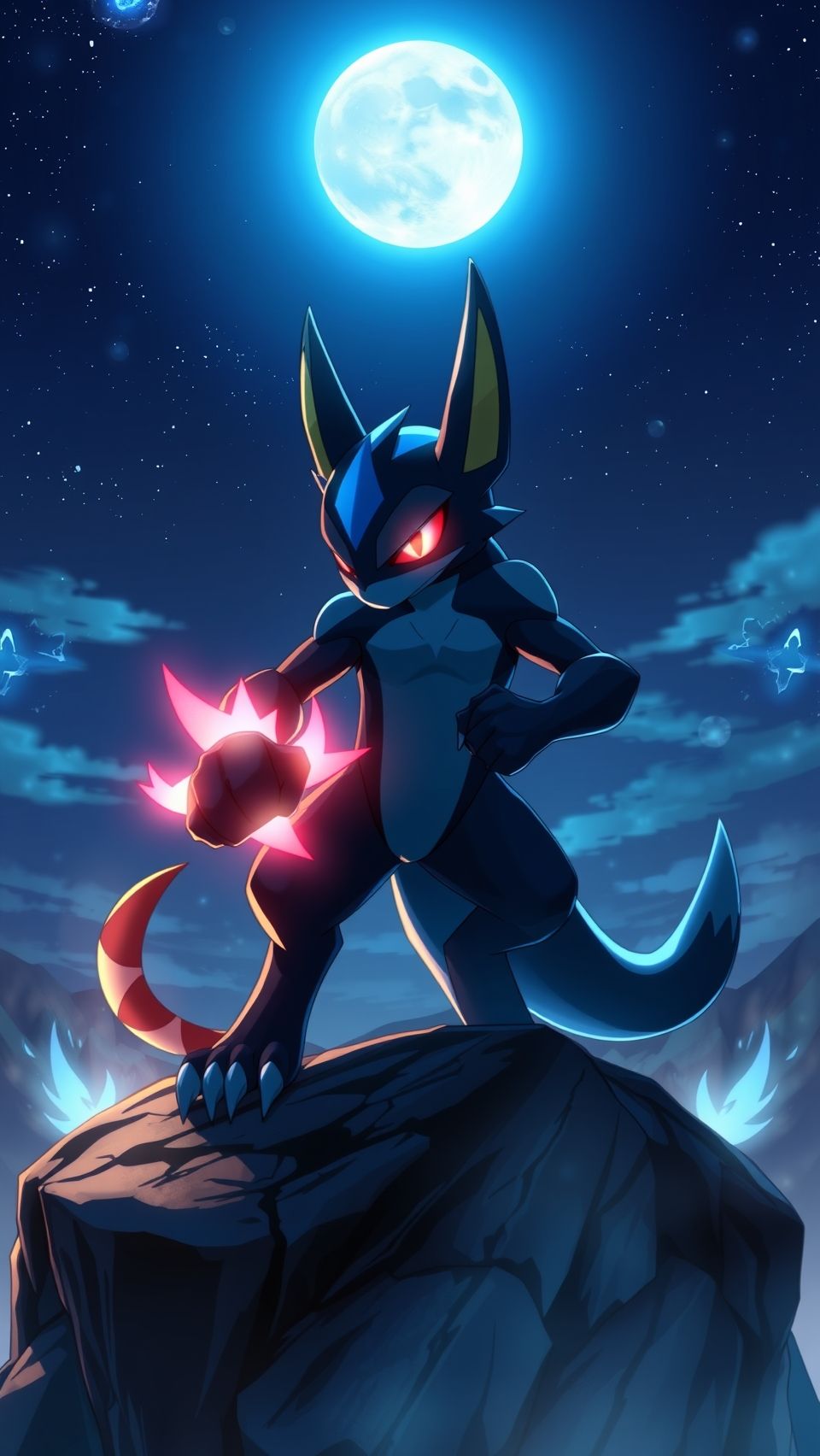 Powerful Lucario anime wallpaper standing on cliff under moonlight with glowing aura