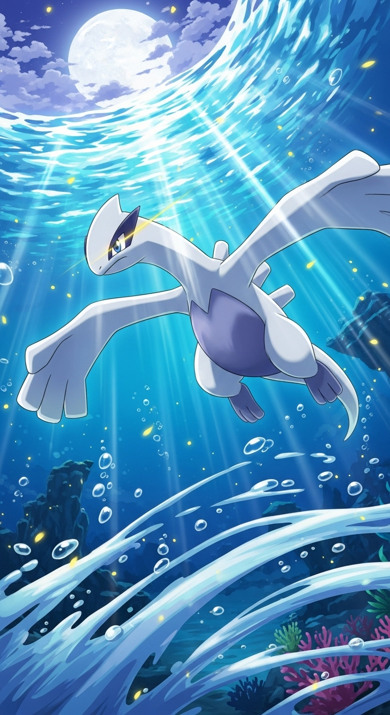 Legendary Lugia Pokémon swimming underwater in moonlight with magical ocean scenery