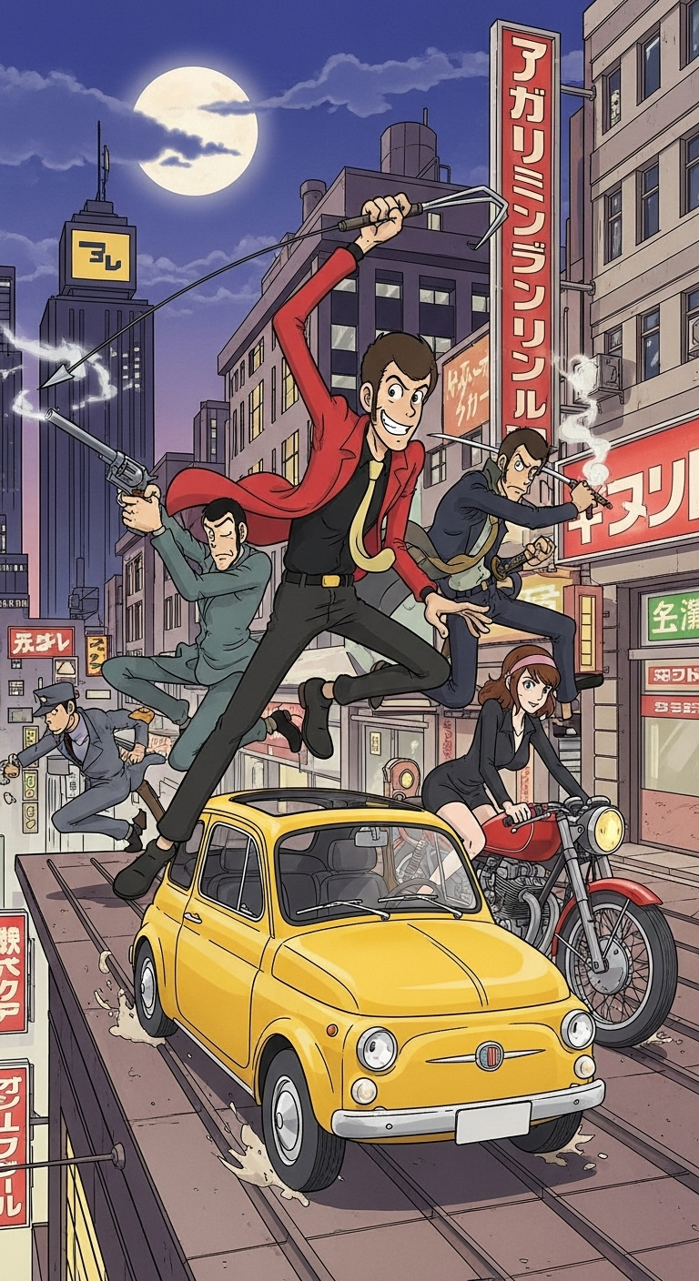 Lupin the Third animated characters running across rooftops with a yellow car, motorcycle, and action-packed chase scene.