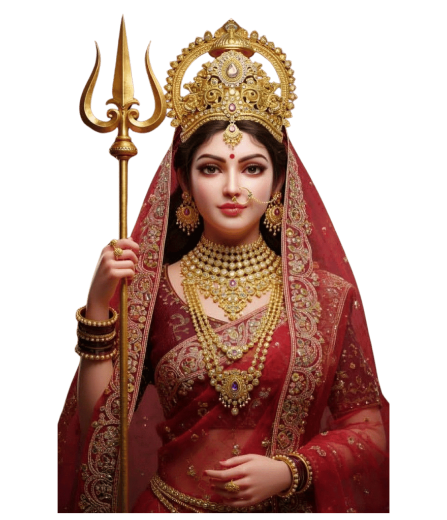 Maa Durga face PNG with crown, trishul, red saree and golden jewelry