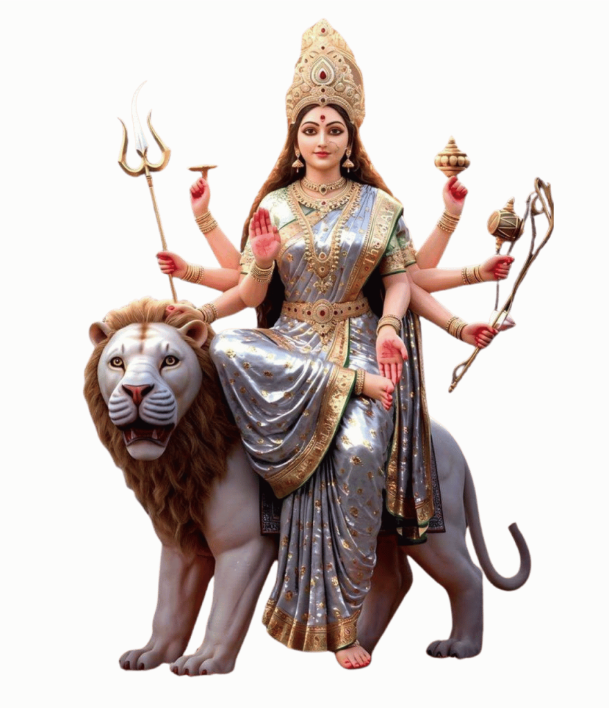Maa Durga HD transparent PNG image sitting on lion with trishul and ornaments free download