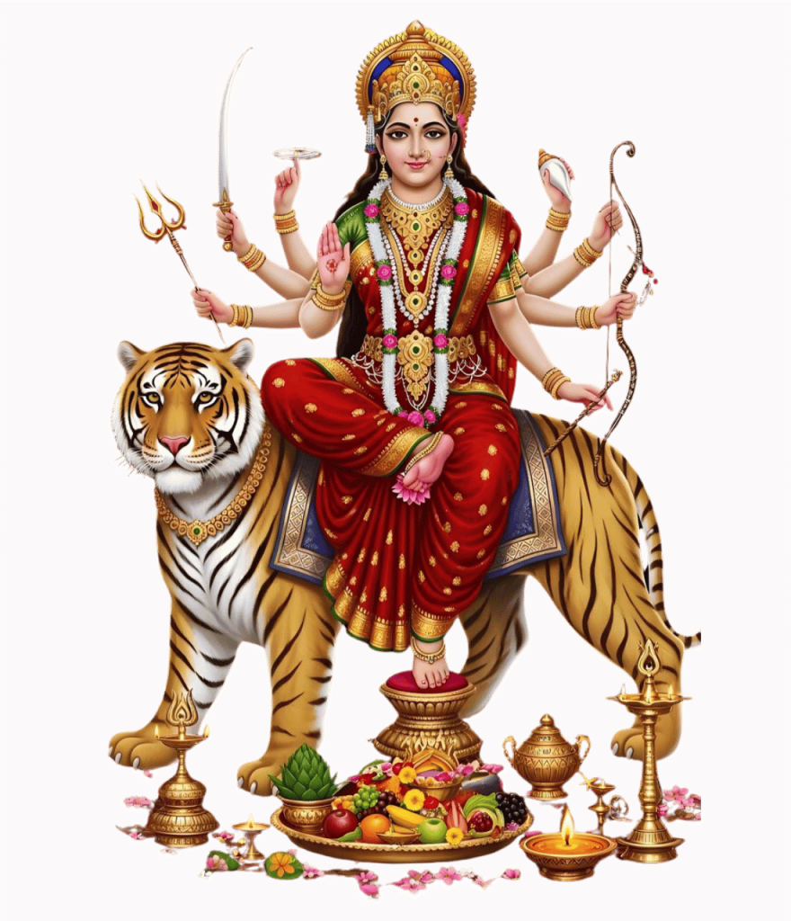 Maa Durga PNG clip art image sitting on tiger with weapons and pooja items