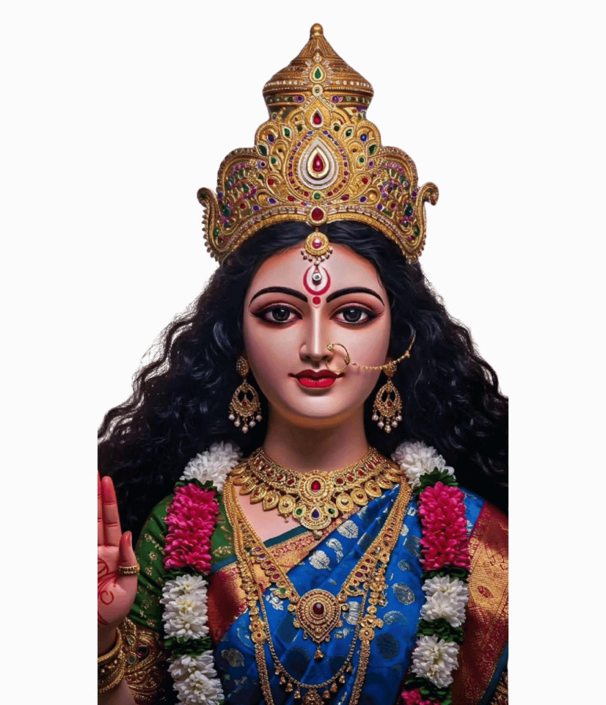 Maa Durga Puja Hindi calligraphy brush art vector with blue saree and ornaments HD