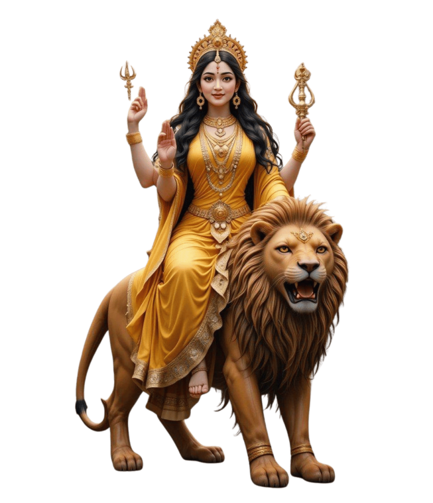 Maa Durga vector in yellow attire seated on lion holding divine symbols PNG