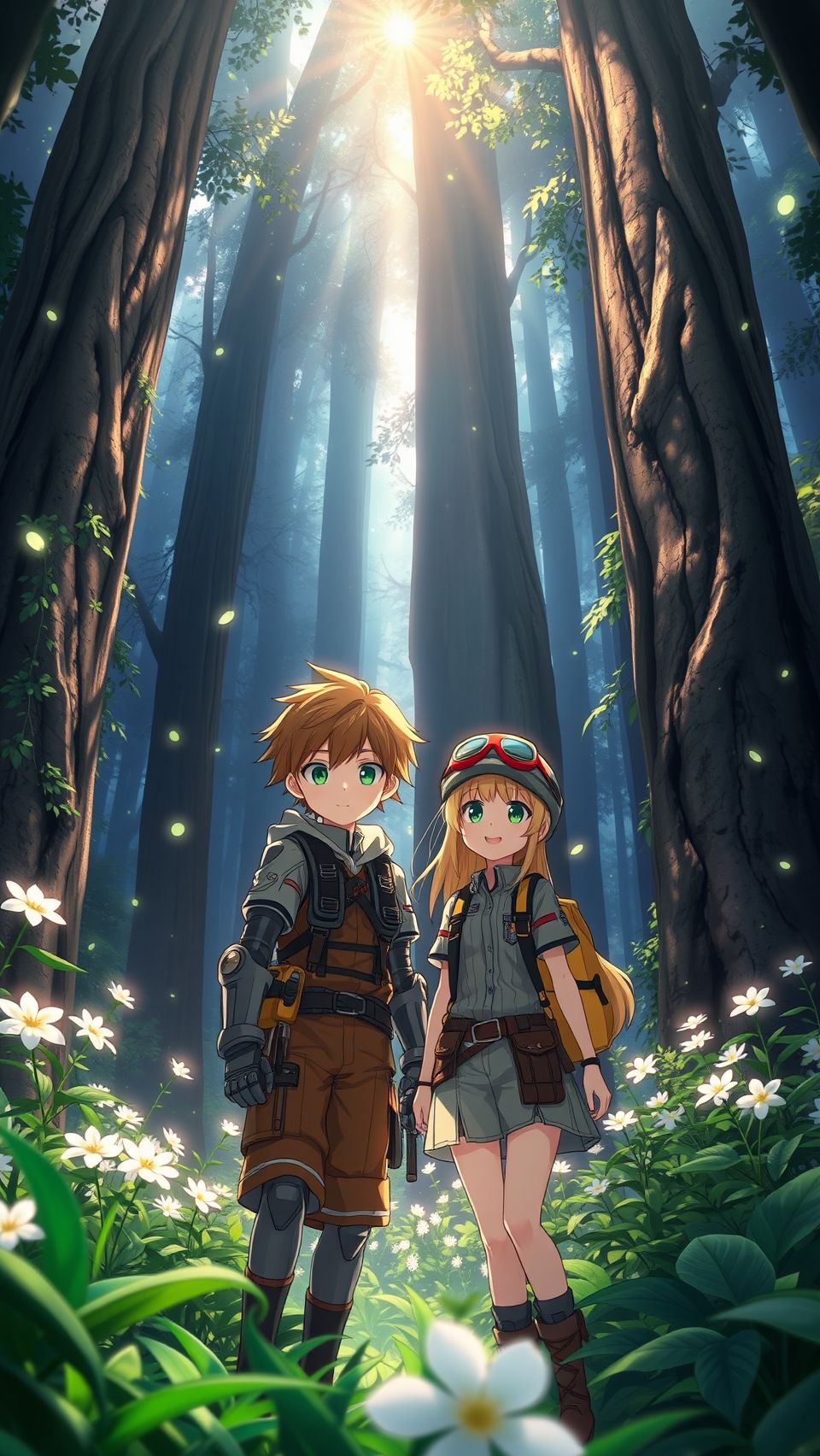 Made in Abyss anime wallpaper showing two young explorers in a mystical glowing forest
