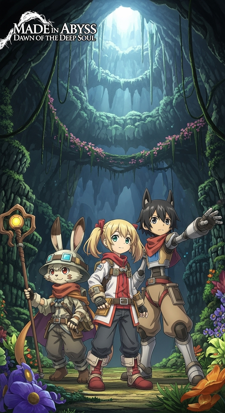 Made in Abyss Dawn of the Deep Soul anime wallpaper featuring main characters in cave