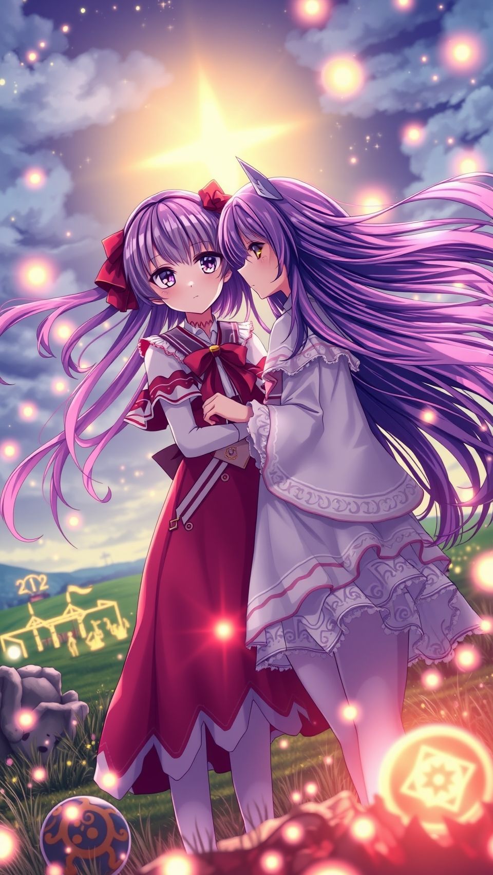 Anime wallpaper of Madoka Kaname and Homura Akemi under glowing sky with magical lights