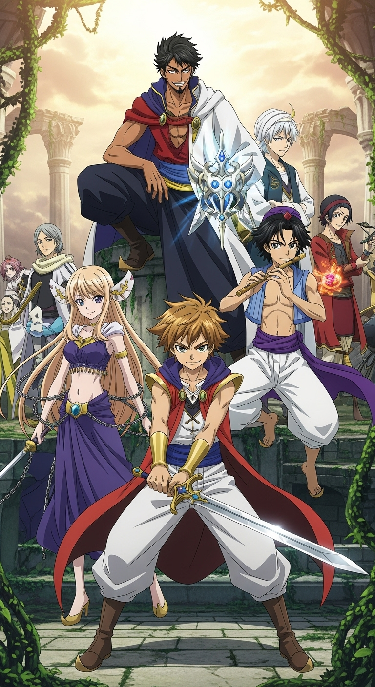 Magi anime main characters in fantasy setting with swords, magic, and epic adventure