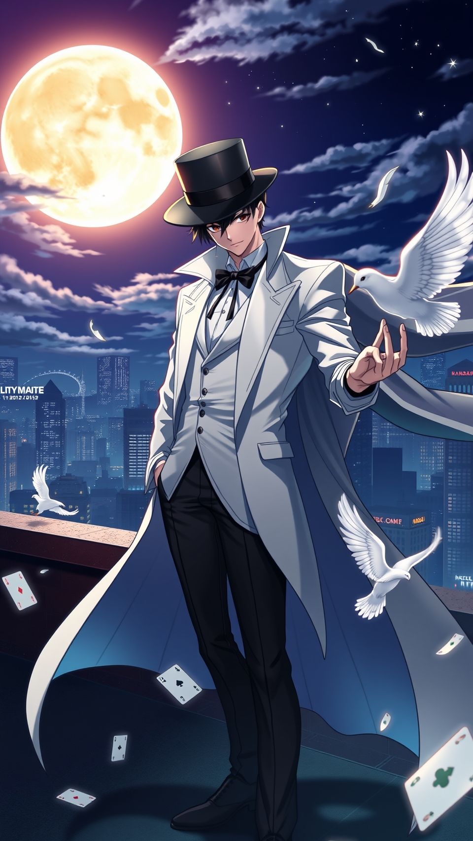 Magic Kaito anime wallpaper featuring mysterious thief in white tuxedo with doves at night