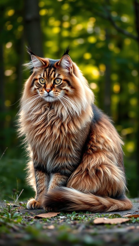 Maine Coon cat with luxurious fur sitting in nature, surrounded by greenery.