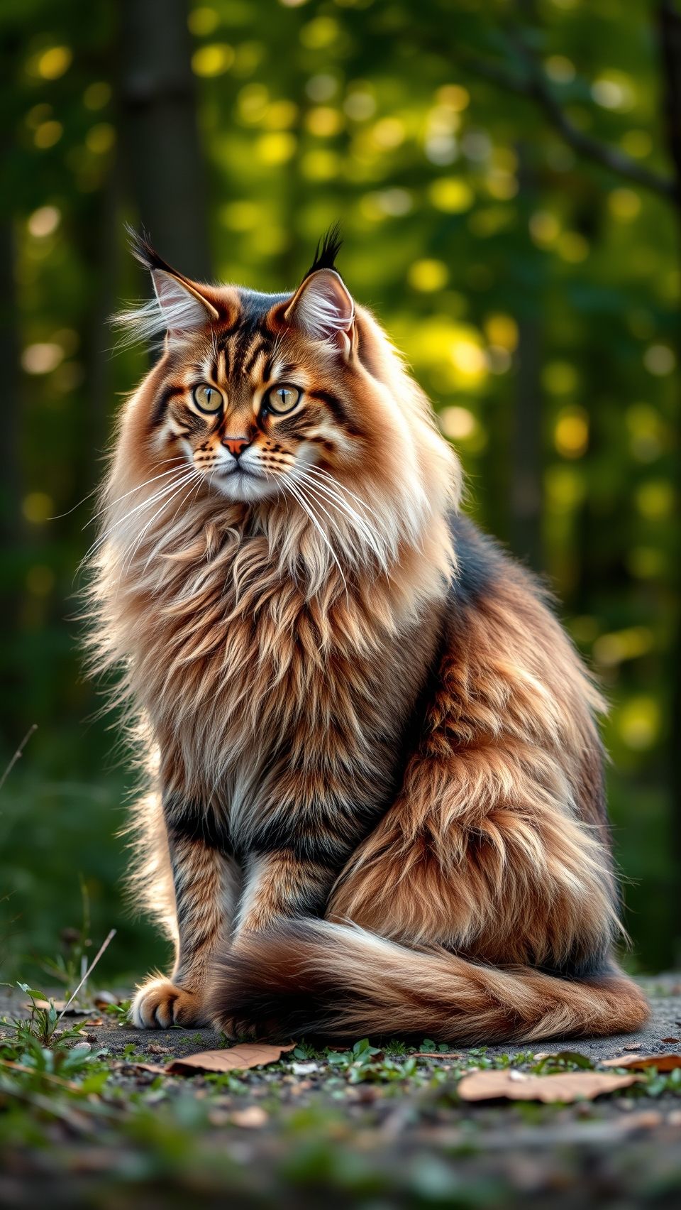 Maine Coon cat with luxurious fur sitting in nature, surrounded by greenery.