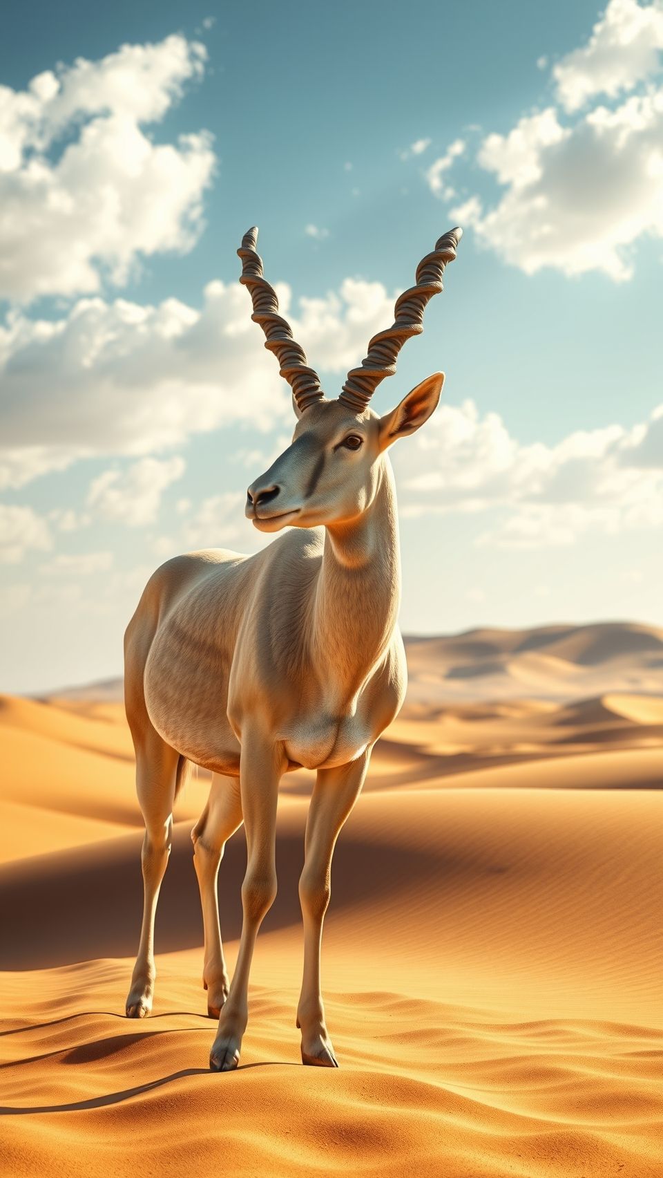 Majestic addax antelope with spiral horns standing gracefully in golden desert dunes.