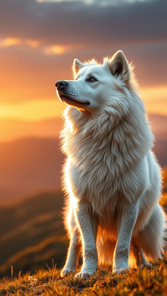 Majestic Akbash dog standing proudly on grassy hill during golden sunset in nature.