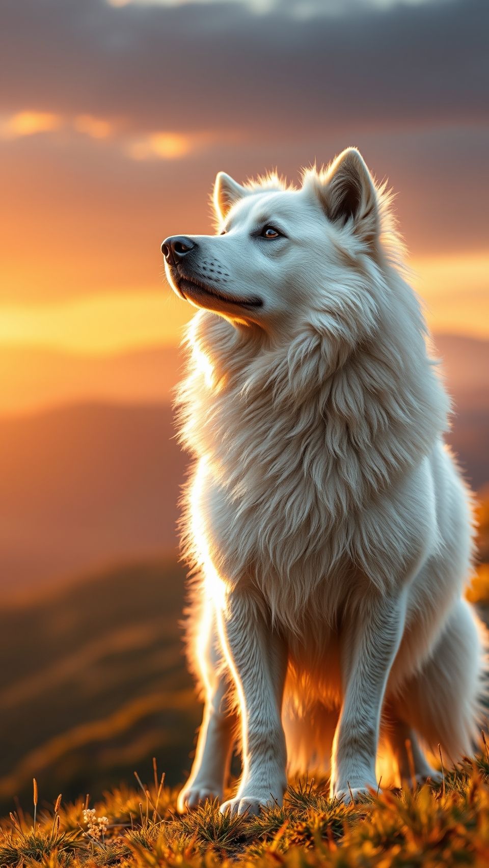 Majestic Akbash dog standing proudly on grassy hill during golden sunset in nature.