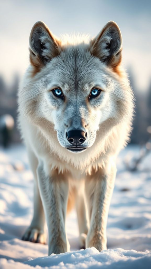Majestic Arctic wolf with piercing blue eyes standing in snowy winter wilderness