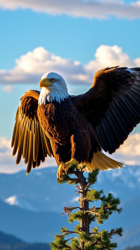Majestic Bald Eagle perched on a tall pine tree in a mountainous landscape, with expansive skies