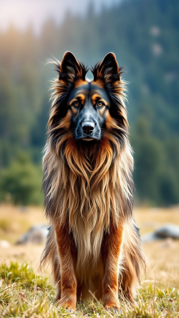 Majestic Belgian Tervuren dog with long coat sitting proudly in scenic nature