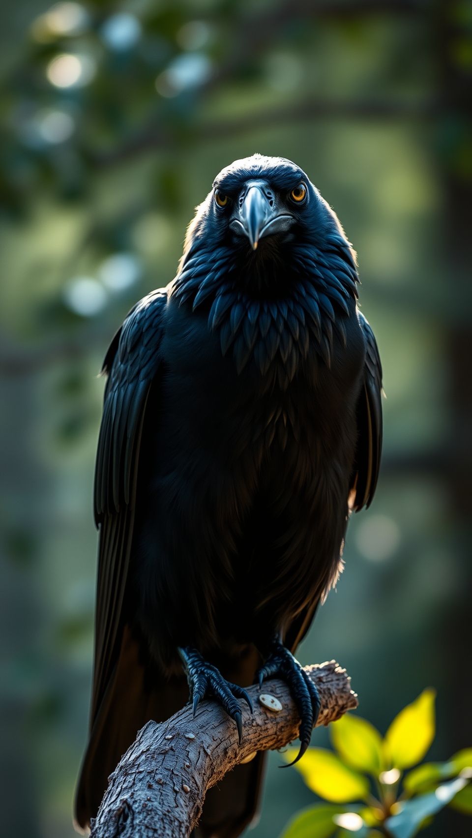Close-up of majestic black crow perched on branch with sharp details and glossy feathers