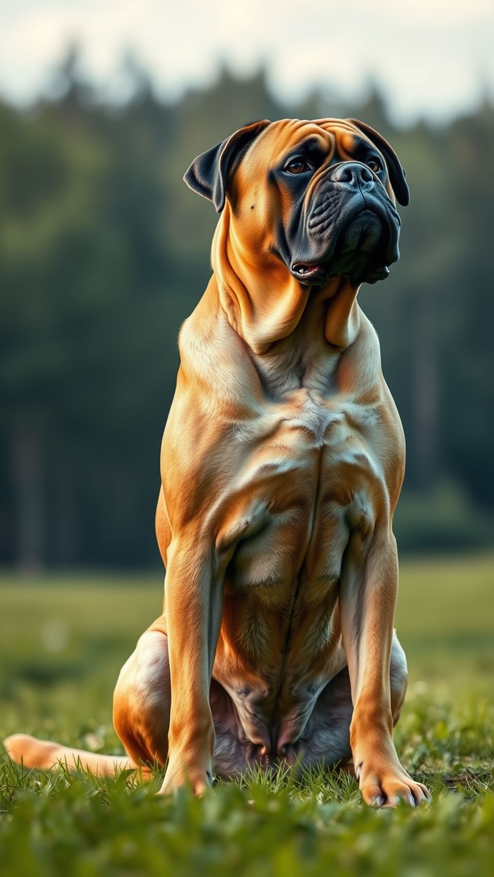 Majestic Bullmastiff dog sitting proudly outdoors in natural green landscape background