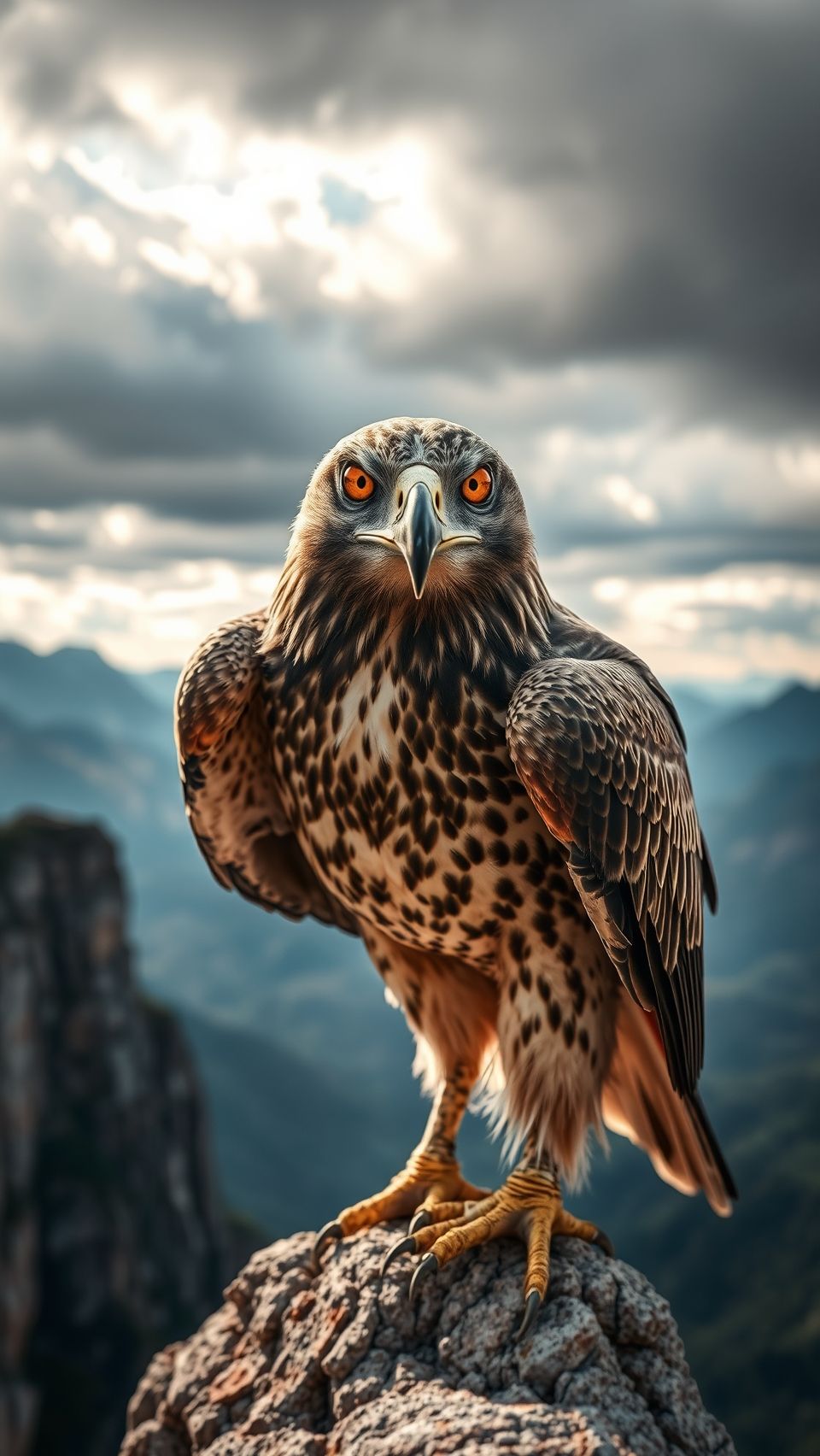 Majestic buzzard with sharp golden eyes perched on a rocky cliff edge