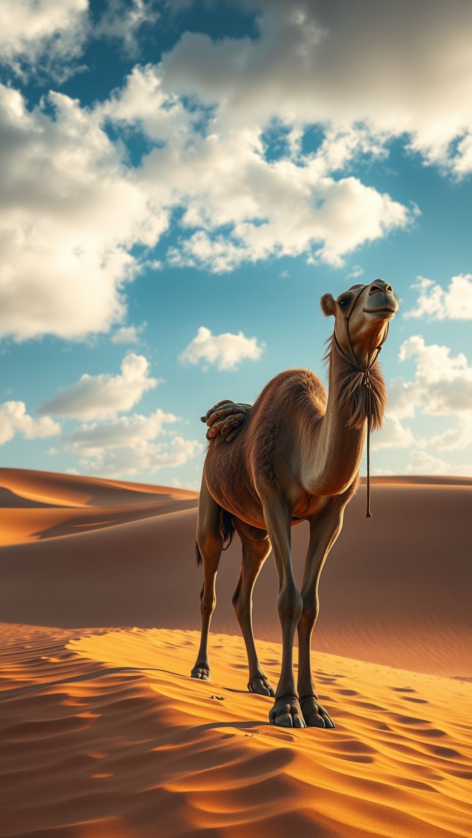 Majestic camel standing on golden desert dunes under blue sky with scattered clouds