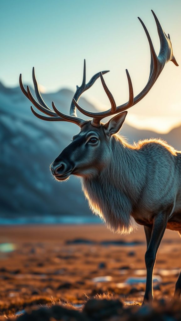 Majestic caribou with large antlers standing in tundra at sunrise wildlife wallpaper