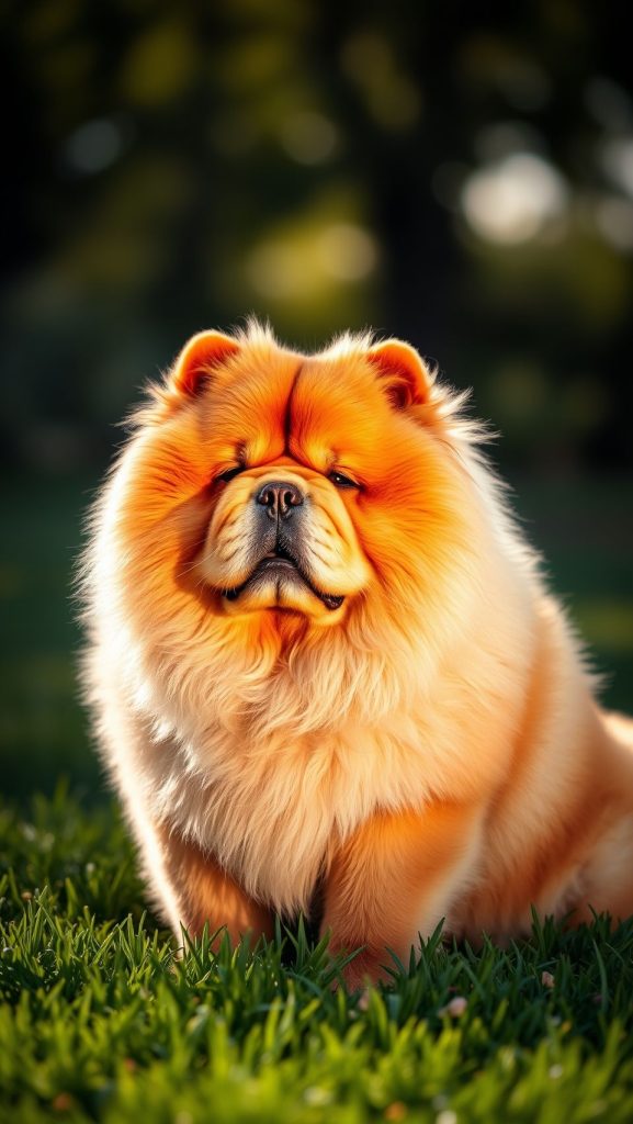 Majestic fluffy Chow Chow dog sitting on lush green grass with golden fur
