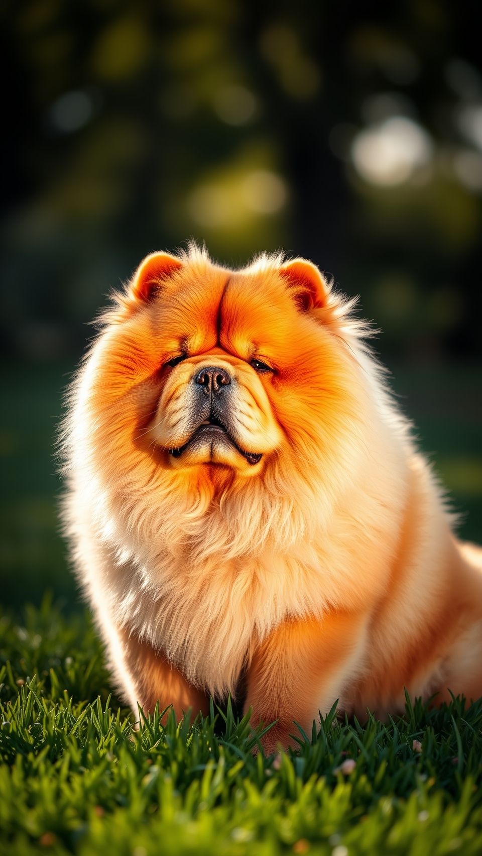 Majestic fluffy Chow Chow dog sitting on lush green grass with golden fur