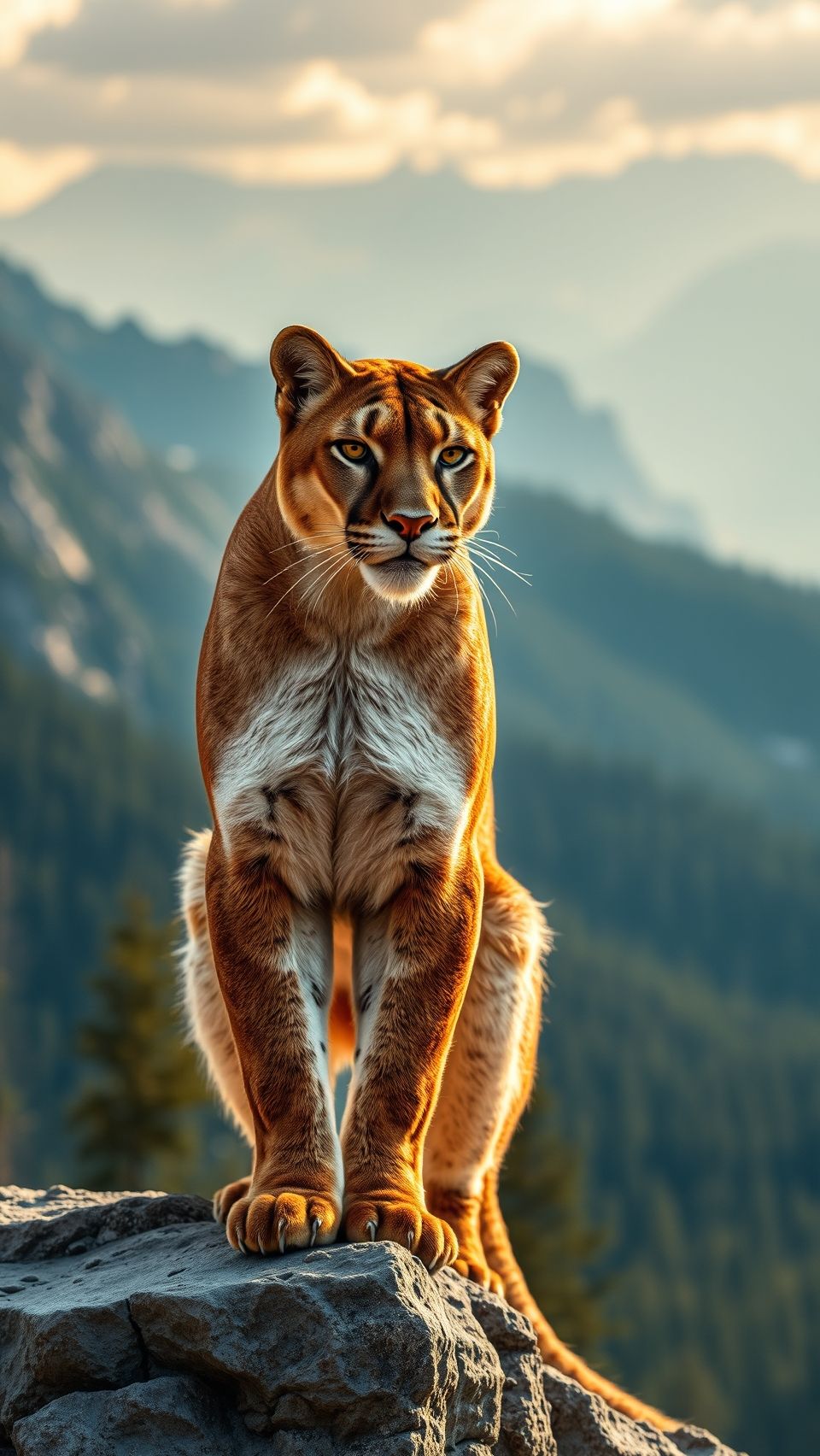 Majestic cougar sitting on mountain rocks with scenic forest and sunset background