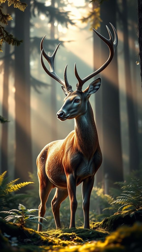 Majestic deer standing in a serene forest during dawn with sunlight streaming through the trees.