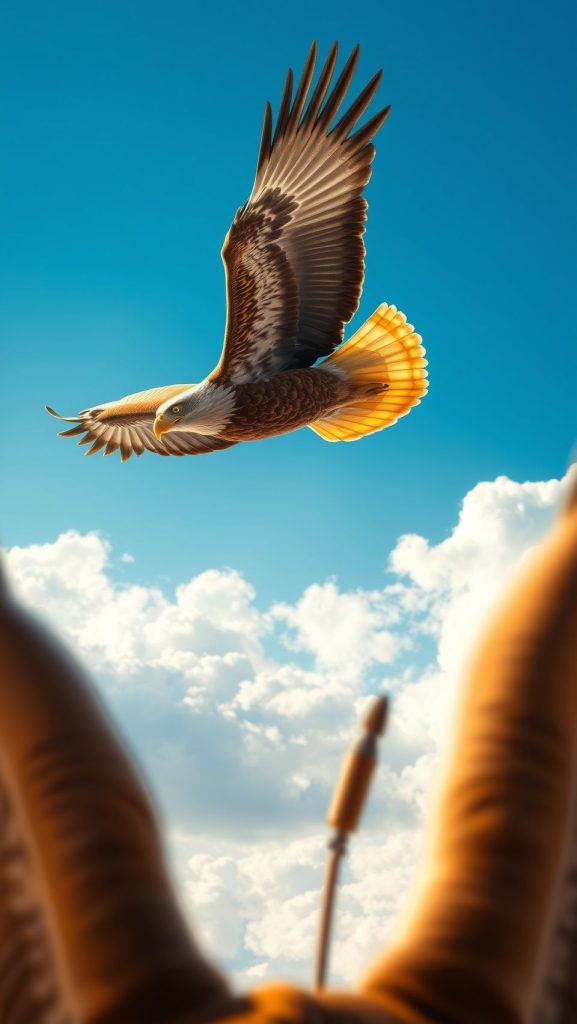 Eagle flying with outstretched wings in the sky with clouds, showcasing its majestic flight
