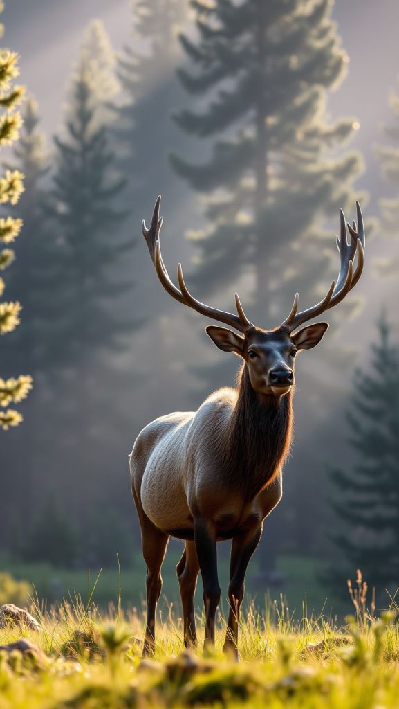 Majestic elk with tall antlers standing in forest meadow during golden sunset light