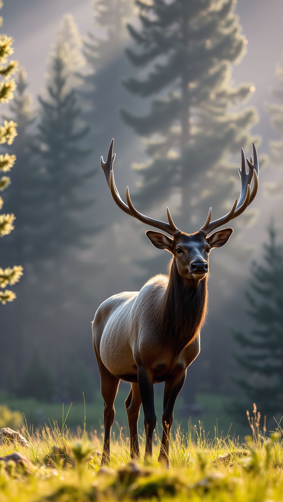 Majestic elk with tall antlers standing in forest meadow during golden sunset light