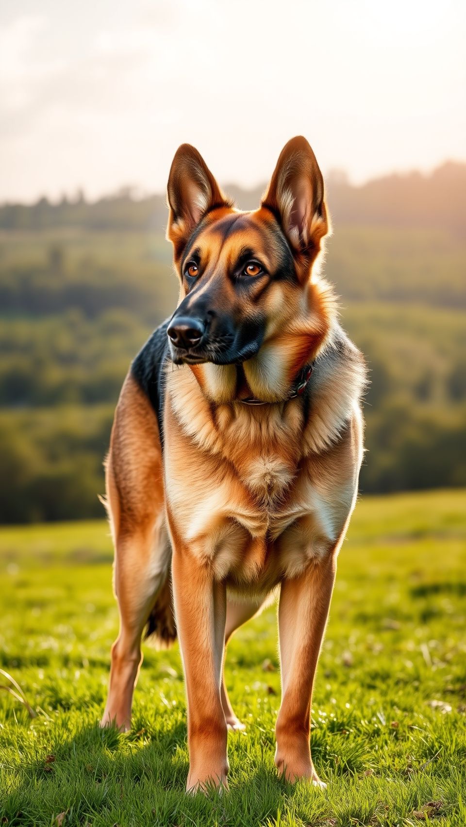 Majestic German Shepherd dog standing in a grassy field on a sunny day