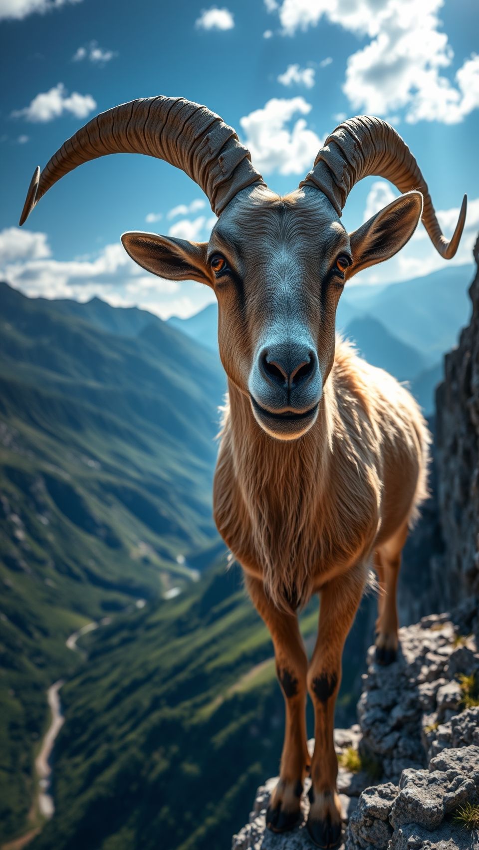 Close-up majestic goat standing on high rocky mountain cliff under clear blue sky