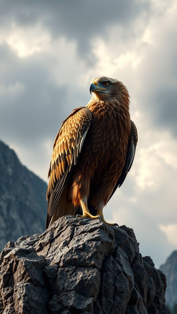 Majestic golden eagle perched on rocky cliff with dramatic cloudy sky background.