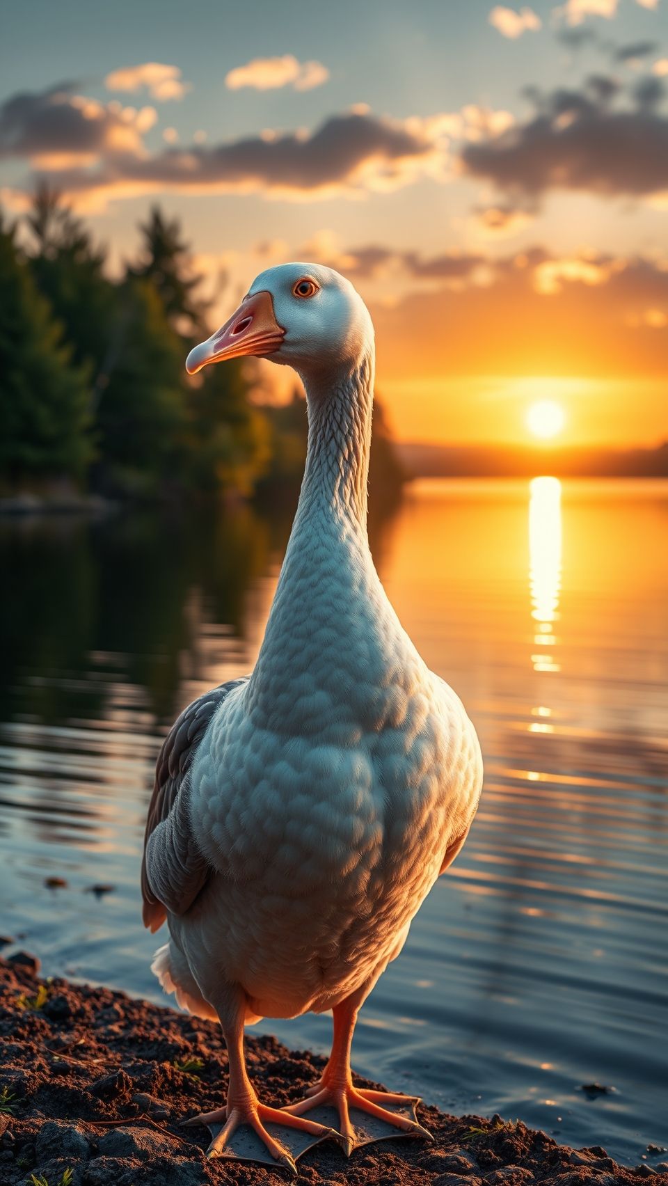 Majestic goose standing near calm lake water during sunset golden hour wallpaper image