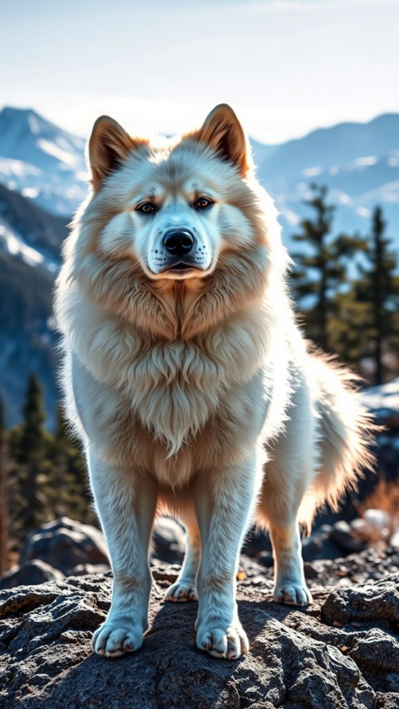Majestic Hokkaido dog standing on rocky hill with fluffy coat and mountain backdrop